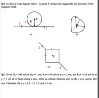 Q.1 As shown in the figures below . At point P, deduce the magnitude and direction of the
magnetic field.
(a)
(b)
(c)
Q2. Given K,= 300 mA/m at p = 1 cm, K,=-150 mA/m at p = 2 cm, and K,=-210 mA/m at
p = 3 cm all of them along z axis, while an infinite filament also on the z axis carries 20x
mA. Calculate Họ at p = 0.5, 1.5, 2.5, and 3.5 cm
