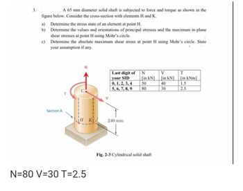 3.
A 65 mm diameter solid shaft is subjected to force and torque as shown in the
figure below. Consider the cross-section with elements H and K.
a) Determine the stress state of an element at point H.
b)
Determine the values and orientations of principal stresses and the maximum in-plane
shear stresses at point H using Mohr's circle.
c)
Determine the absolute maximum shear stress at point H using Mohr's circle. State
your assumption if any.
N
V
T
Last digit of
your SID
N
[in kN]
[in kN]
[in kNm]
0, 1, 2, 3, 4
50
40
1.5
5, 6, 7, 8, 9
80
30
2.5
Section A
N=80 V-30 T=2.5
240 mm
Fig. 2-3 Cylindrical solid shaft