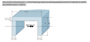 How much is stress at point.... in the following culvert considering applied moment of 100 kips-in.(HINT:
you need to use a = MI/I)
0.5 in.
0.5 in.
-9 in.
100 kips-in
0.5 in.
6 in.