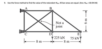 9. Use the force method to find the value of the redundant NDB. All bar areas are equal. (Ans: NDB = 60.94 kN)
A
B
с
8 m
DI
Not a
joint
225 kN
8 m
[T]
E
75 kN
↑
6 m