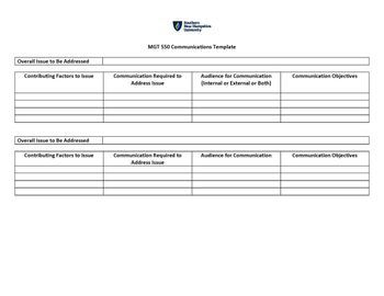 Overall Issue to Be Addressed
Southern
New Hampshire
University
MGT 550 Communications Template
Contributing Factors to Issue
Communication Required to
Address Issue
Audience for Communication
(Internal or External or Both)
Communication Objectives
Overall Issue to Be Addressed
Contributing Factors to Issue
Communication Required to
Address Issue
Audience for Communication
Communication Objectives