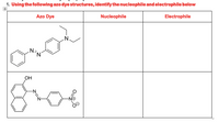 1. Using the following azo dye structures, identify the nucleophile and electrophile below
Azo Dye
Nucleophile
Electrophile
Ns.
`N'
grot
OH
-N.
