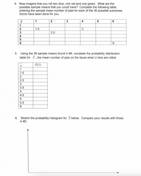 4. Now imagine that you roll two dice, one red and one green. What are the
possible sample means that you could have? Complete the following table,
entering the sample mean number of pips for each of the 36 possible outcomes.
Some have been done for you.
1
2
3
4
6
1.5
3
3
2.5
4
5
6
5. Using the 36 sample means found in #4, complete the probability distribution
table for X, the mean number of pips on the faces when 2 dice are rolled.
P(x)
1
1.5
2.5
3
3.5
4
4.5
5.5
6. Sketch the probability histogram for X below. Compare your results with those
in #2.
556
