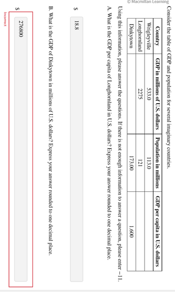 Consider the table of GDP and population for several imaginary countries.
GDP in millions of U.S. dollars
533.0
2275
Country
Wrigleyville
Longhornland
Dinkytown
$ 18.8
Using this information, please answer the questions. If there is not enough information to answer a question, please enter –11.
A. What is the GDP per capita of Longhornland in U.S. dollars? Express your answer rounded to one decimal place.
Population in millions GDP per capita in U.S. dollars
113.0
121
173.00
276800
1.600
B. What is the GDP of Dinkytown in millions of U.S. dollars? Express your answer rounded to one decimal place.
Incorrect