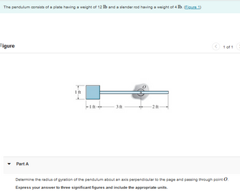 The pendulum consists of a plate having a weight of 12 lb and a slender rod having a weight of 4 lb. (Figure 1)
Figure
Part A
1 ft
3 ft
2 ft-
1 of 1
Determine the radius of gyration of the pendulum about an axis perpendicular to the page and passing through point O.
Express your answer to three significant figures and include the appropriate units.