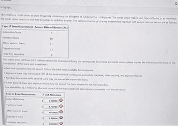 Cengage
The employee credit union at State University is planning the allocation of funds for the coming year. The credit union makes four types of loans to its members.
the credit union invests in risk-free securities to stabilize income. The various revenue-producing investments together with annual rates of return are as follows:
Type of Loan/Investment Annual Rate of Return (%)
Automobile loans
Furniture loans
Other secured loans
Type of Loan/Investment
Automobile loans
7
Furniture loans
Other secured loa
10
Signature loans
Risk-free securities
The credit union will have $2.3 million available for investment during the coming year. State laws and credit union policies impose the following restrictions on the
composition of the loans and investments:
Risk-free securities may not exceed 30% of the total funds available for investment.
Signature loans may not exceed 10% of the funds invested in all loans (automobile, furniture, other secured, and signature loans).
Furniture loans plus other secured loans may not exceed the automobile loans.
Signature loans
Risk-free securities
11
• Other secured loans plus signature loans may not exceed the funds invested in risk-free securities.
How should the $2.3 million be allocated to each of the loan/investment alternatives to maximize total annual return?
12
8
Fund Allocation
630000
170000
460000
Q
140000
600000