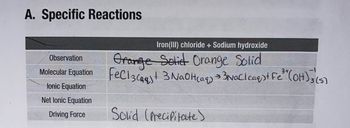 A. Specific Reactions
Observation
Molecular Equation
lonic Equation
Net Ionic Equation
Driving Force
Iron(III) chloride + Sodium hydroxide
Orange Solid Orange Solid
FeCl3Ca+ 3NaOH(aq) + ³NaCl caq) + Fe ²³ + (OH)3 (s)
3
Solid (Precipitate)