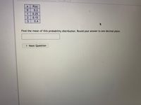This image contains a table and a question related to probability distribution:

**Table: Probability Distribution**

| x | P(x)  |
|---|-------|
| 0 | 0.2   |
| 1 | 0.25  |
| 2 | 0.15  |
| 3 | 0.4   |

**Question:**

Find the mean of this probability distribution. Round your answer to one decimal place.

There is also a text box for entering the answer and a button labeled "Next Question."