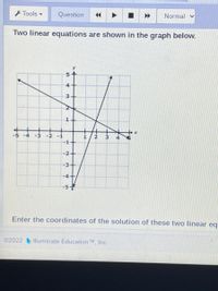 Tools
Question
Normal v
Two linear equations are shown in the graph below.
4
-5
-4
-3
-2
-1
1
-1+
-2+
-3+
-4
-5
Enter the coordinates of the solution of these two linear eq
©2022
Illuminate Education TM, Inc.
