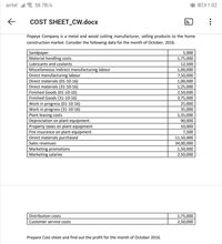 airtel ul a 58.7B/s
23 1:02
COST SHEET_CW.docx
Popeye Company is a metal and wood cutting manufacturer, selling products to the home
construction market. Consider the following data for the month of October, 2016.
Sandpaper
Material handling costs
5,000
1,75,000
Lubricants and coolants
12,500
Miscellaneous indirect manufacturing labour
Direct manufacturing labour
Direct materials (01-10-16)
Direct materials (31-10-16)
Finished Goods (01-10-16)
Finished Goods (31-10-16)
Work in progress (01-10-16)
Work in progress (31-10-16)
Plant leasing costs
1,00,000
7,50,000
1,00,000
1,25,000
2,50,000
3,75,000
25,000
35,000
1,35,000
Depreciation on plant equipment
Property taxes on plant equipment
Fire insurance on plant equipment
Direct materials purchased
90,000
10,000
7,500
11,50,000
Sales revenues
34,00,000
Marketing promotions
Marketing salaries
1,50,000
2,50,000
Distribution costs
1,75,000
Customer service costs
2,50,000
Prepare Cost sheet and find out the profit for the month of October 2016.
