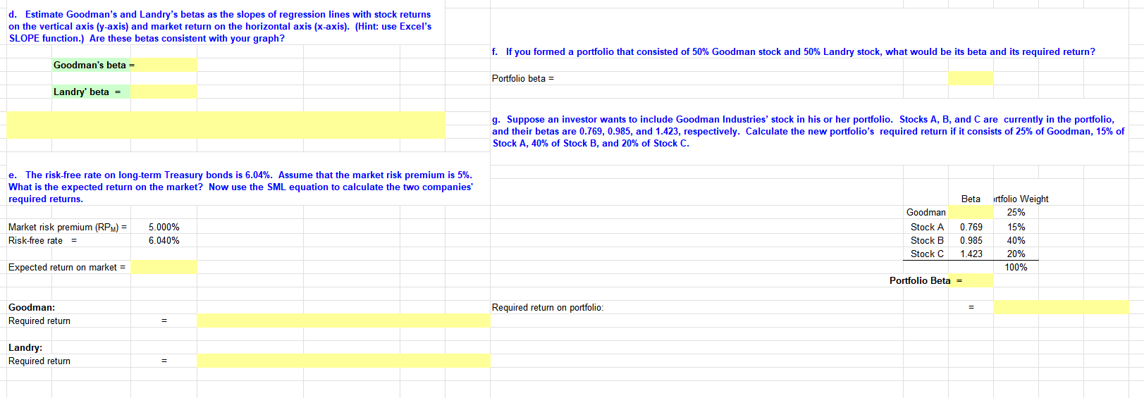 d. Estimate Goodman's and Landry's betas as the slopes of regression lines with stock returns
on the vertical axis (y-axis) and market return on the horizontal axis (x-axis). (Hint: use Excel's
SLOPE function.) Are these betas consistent with your graph?
Goodman's beta =
Landry' beta =
e. The risk-free rate on long-term Treasury bonds is 6.04%. Assume that the market risk premium is 5%.
What is the expected return on the market? Now use the SML equation to calculate the two companies'
required returns.
Market risk premium (RPM) =
Risk-free rate =
Expected return on market =
Goodman:
Required return
Landry:
Required return
5.000%
6.040%
=
=
f. If you formed a portfolio that consisted of 50% Goodman stock and 50% Landry stock, what would be its beta and its required return?
Portfolio beta =
g. Suppose an investor wants to include Goodman Industries' stock in his or her portfolio. Stocks A, B, and C are currently in the portfolio,
and their betas are 0.769, 0.985, and 1.423, respectively. Calculate the new portfolio's required return if it consists of 25% of Goodman, 15% of
Stock A, 40% of Stock B, and 20% of Stock C.
Required return on portfolio:
Goodman
Stock A
Stock B
Stock C
Beta rtfolio Weight
25%
15%
40%
20%
100%
0.769
0.985
1.423
Portfolio Beta =
=