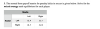 3. The normal form payoff matrix for penalty kicks in soccer is given below. Solve for the
mixed strategy nash equilibrium for each player.
Goalie
Left
Right
Kicker
Left
.6,.4
.9,.1
Right
.9,.1
.5,.5
