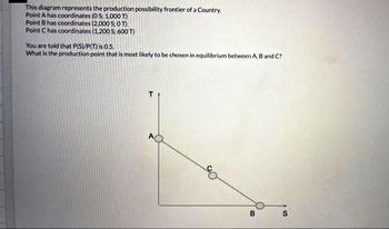 This diagram represents the production possibility frontier of a Country.
Point A has coordinates (0 S; 1.000 T)
Point B has coordinates (2.000 S;OT)
Point C has coordinates (1,200 5; 600 T)
You are told that P(S)/P(T) is 0.5.
What is the production point that is most likely to be chosen in equilibrium between A, B and C?
GO
8
B
S