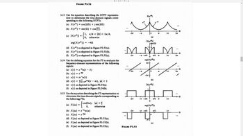 FIGURE P3.52
3.53 Use the equation describing the DTFT representa-
tion to determine the time-domain signals corre-
sponding to the following DTFTs:
(a) X(e) = cos(20) +isin(20)
(b) X(e) = sin(n) + cos().
(c) |X(e) =
[1, π/4 < | < 3π/4,
otherwise
arg{X(e)}:
= -40
(d) X(e) as depicted in Figure P3.53(a).
(e) X(e) as depicted in Figure P3.53(b).
(f) X(e) as depicted in Figure P3.53(c).
3.54 Use the defining equation for the FT to evaluate the
frequency-domain representations of the following
signals:
(a) x(t) = eu(t - 3)
(b) x(t) = e
(c) x(t) = te 'u(t)
(d) x(t) = m-am8(tm), al < 1
(e) x(t) as depicted in Figure P3.54(a).
(f) x(t) as depicted in Figure P3.54(b).
3.55 Use the equation describing the FT representation to
determine the time-domain signals corresponding to
the following FTs:
(a) X(jw) =
(b) X(jw) eu (w)
=
(c) X(jw) = elad
(d) X(jw) as depicted in Figure P3.55(a).
(e) X(jw) as depicted in Figure P3.55(b).
(f) X(jw) as depicted in Figure P3.55(c).
(cos(2w), w <
0,
otherwise
Y
-2π
...
-2π
-2π
-2π
X(e)
FIGURE P3.53
IX(e)|
MMM..
m/2
-T-TT/2
0
(a)
0
arg(X(e)}
2π-
未
-T
0
-2π
-#-#12
sin (52)
(b)
IX(e)|
1
-"/2
-TT
0
arg{X(e))
0
T
TT/2
TT/2 म
(c)
2π
т
2π
fi
2π
3π
+9
3π
2π
2T
Q
Ω