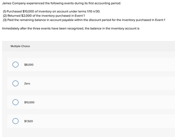 James Company experienced the following events during its first accounting period:
(1) Purchased $10,000 of inventory on account under terms 1/10 n/30.
(2) Returned $2,000 of the inventory purchased in Event 1
(3) Paid the remaining balance in account payable within the discount period for the inventory purchased in Event 1
Immediately after the three events have been recognized, the balance in the inventory account is
Multiple Choice
$8,000
Zero
$10,000
$7,920