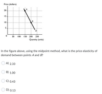 Price (dollars)
15
B
10
5
D
50
100
150 200
250
Quantity (units)
In the figure above, using the midpoint method, what is the price elasticity of
demand between points A and B?
A) 2.33
B) 1.00
C) 0.43
D) 0.13
20
