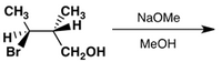 The image depicts a chemical reaction involving a brominated organic compound. The compound detailed on the left side of the image is 1-bromo-2-methyl-2-butanol, having the following structure:

- A central carbon (C) bonded to a hydroxyl group (OH), a bromine atom (Br), a hydrogen atom (H), a methyl group (CH3), and another carbon atom bearing a hydrogen.
- The group to the left of the central carbon is CH3.
- The hydrogen and bromine atoms (H and Br) attached to the central carbon are shown with wedge and dash, indicating their stereochemistry (spatial arrangement).

The reagent utilized in the reaction is Sodium Methoxide (NaOMe) in Methanol (MeOH).

This setup suggests a nucleophilic substitution or elimination reaction where the bromine atom is a suitable leaving group, and Sodium Methoxide likely functions as a nucleophile or base. Follow-up steps in the educational material might illustrate the product of this reaction and explain the mechanism involved (e.g., E2 elimination if applicable). 

Please note the specific stereochemistry detailed in the wedged (solid) and dashed bonds, indicating the spatial configuration of the atoms/groups around the chiral center.