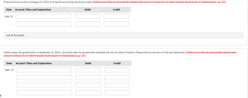 Prepare the journal entry at August 31, 2024, to bring the accounting records up to date. (Credit account titles are automatically indented when amount is entered. Do not indent manually. Round answer to O decimal places, e.g. 125.)
Date Account Titles and Explanation
Aug. 31
List of Accounts
Date Account Titles and Explanation
Debit
Natalie repays her grandmother on September 15, 2024-10 months after her grandmother extended the loan to Cookie Creations. Prepare the journal entry for the loan repayment. (Credit account titles are automatically indented when
amount is entered. Do not indent manually. Round answer to O decimal places, e.g. 125.)
Sept. 15
Credit
Debit
Credit