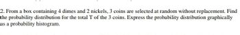 2. From a box containing 4 dimes and 2 nickels, 3 coins are selected at random without replacement. Find
the probability distribution for the total T of the 3 coins. Express the probability distribution graphically
as a probability histogram.