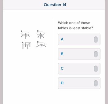 Œ Œ
O
Question 14
Which one of these
tables is least stable?
A
B
C
D