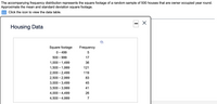 The accompanying frequency distribution represents the square footage of a random sample of 500 houses that are owner occupied year round.
Approximate the mean and standard deviation square footage.
Click the icon to view the data table.
Housing Data
Square footage
Frequency
0- 499
500 – 999
17
1,000 – 1,499
36
1,500 – 1,999
121
2,000 - 2,499
119
2,500 – 2,999
83
3,000 – 3,499
45
3,500 – 3,999
41
4,000 – 4,499
26
4,500 – 4,999
7
