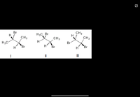 The image displays three different stereochemical representations of molecules, each depicting various spatial arrangements of atoms around a central carbon atom:

- **Molecule I**: Shows a central carbon atom bonded to a hydrogen atom (H), a bromine atom (Br), and two methyl groups (CH₃). The bonds are shown in different spatial orientations using wedge (coming out) and dash (going in) notation.

- **Molecule II**: Similar to Molecule I, this structure also has a central carbon atom bonded to a hydrogen atom, a bromine atom, and two methyl groups. The spatial arrangement differs from Molecule I, indicated by the orientation of the wedge and dash bonds.

- **Molecule III**: This structure features a similar set of bonds as the previous molecules but with another unique spatial arrangement. The configuration of the wedge and dash bonds is distinct from those in Molecules I and II.

These diagrams illustrate different stereoisomers, where compounds have the same molecular formula but differ in the three-dimensional arrangement of atoms. Understanding stereochemistry is crucial for recognizing how molecular structure influences chemical behavior and interactions.