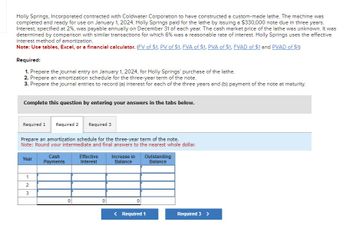 Holly Springs, Incorporated contracted with Coldwater Corporation to have constructed a custom-made lathe. The machine was
completed and ready for use on January 1, 2024. Holly Springs paid for the lathe by issuing a $330,000 note due in three years.
Interest, specified at 2%, was payable annually on December 31 of each year. The cash market price of the lathe was unknown. It was
determined by comparison with similar transactions for which 6% was a reasonable rate of interest. Holly Springs uses the effective
interest method of amortization.
Note: Use tables, Excel, or a financial calculator. (FV of $1. PV of $1. FVA of $1. PVA of $1, FVAD of $1 and PVAD of $1)
Required:
1. Prepare the journal entry on January 1, 2024, for Holly Springs' purchase of the lathe.
2. Prepare an amortization schedule for the three-year term of the note.
3. Prepare the journal entries to record (a) interest for each of the three years and (b) payment of the note at maturity.
Complete this question by entering your answers in the tabs below.
Required 1
Required 2 Required 3
Prepare an amortization schedule for the three-year term of the note.
Note: Round your intermediate and final answers to the nearest whole dollar.
Year
1
2
3
Cash
Payments
Effective
Interest
Increase in
Balance
Outstanding
Balance
< Required 1
Required 3 >