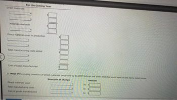 Direct materials
For the Coming Year
Materials available
Direct materials used in production
Total manufacturing costs added
Cost of goods manufactured
2. What if the ending inventory of direct materials decreased by $3,0007 Indicate the affect that this would have on the items listed below:
Direction of change
Direct materials used
Total manufacturing costs
Cost of goods manufactured
by
by
by
1000
Amount