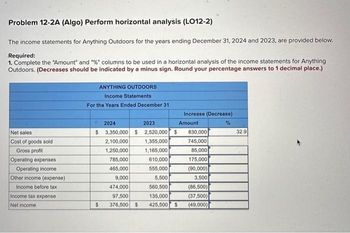 Problem 12-2A (Algo) Perform horizontal analysis (LO12-2)
The income statements for Anything Outdoors for the years ending December 31, 2024 and 2023, are provided below.
Required:
1. Complete the "Amount" and "%" columns to be used in a horizontal analysis of the income statements for Anything
Outdoors. (Decreases should be indicated by a minus sign. Round your percentage answers to 1 decimal place.)
Net sales
Cost of goods sold
Gross profit
Operating expenses
Operating income
Other income (expense)
Income before tax
Income tax expense
Net income
ANYTHING OUTDOORS
Income Statements
For the Years Ended December 31
2024
2023
$ 3,350,000 $2,520,000 $
2,100,000
1,250,000
785,000
465,000
9,000
474,000
97,500
376,500 $
$
1,355,000
1,165,000
610,000
555,000
5,500
560,500
135,000
425,500 $
Increase (Decrease)
Amount
830,000
745,000
85,000
175,000
(90,000)
3,500
(86,500)
(37,500)
(49,000)
%
32.9