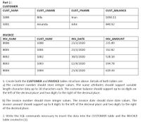 Part 1:
CUSTOMER
CUST_NUM
CUST_LNAME
CUST_FNAME
CUST_BALANCE
1000
Billy
Jean
1050.11
1001
Amanda
John
840.92
INVOICE
INV DATE
23/3/2020
INV_NUM
CUST_NUM
INV_AMOUNT
8000
1000
235.89
8001
1001
23/3/2020
312.82
8002
1002
30/3/2020
528.10
8003
1003
12/4/2020
194.78
8004
1004
23/4/2020
619.44
1. Create both the CUSTOMER and INVOICE tables structure above. Details of both tables are:
a) The customer number should store integer values. The name attributes should support variable
length character data up to 30 characters each. The customer balance should support up to six digits on
the left of the decimal place and two digits to the right of the decimal place.
b) The invoice number should store integer values. The invoice date should store date values. The
invoice amount should support up to 8 digits to the left of the decimal place and two digits to the right
of the decimal place.
2. Write the SQL commands necessary to insert the data into the CUSTOMER table and the INVOICE
table created in (1).
