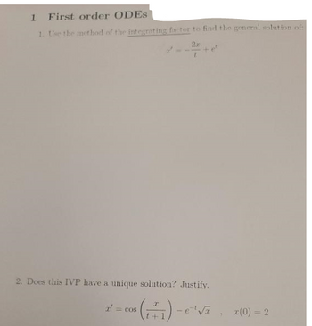 Answered: 1 First order ODES 1. Use the method of… | bartleby