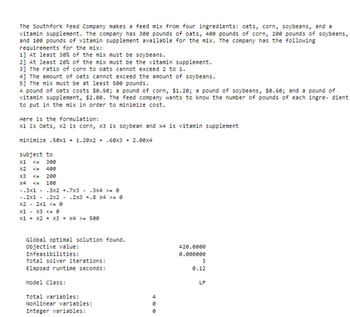 The Southfork Feed Company makes a feed mix from four ingredients: oats, corn, soybeans, and a
vitamin supplement. The company has 300 pounds of oats, 400 pounds of corn, 200 pounds of soybeans,
and 100 pounds of vitamin supplement available for the mix. The company has the following
requirements for the mix:
1] At least 30% of the mix must be soybeans.
2] At least 20% of the mix must be the vitamin supplement.
3] The ratio of corn to oats cannot exceed 2 to 1.
4] The amount of oats cannot exceed the amount of soybeans.
5] The mix must be at least 500 pounds.
A pound of oats costs $0.50; a pound of corn, $1.20; a pound of soybeans, $0.60; and a pound of
vitamin supplement, $2.00. The feed company wants to know the number of pounds of each ingre- dient
to put in the mix in order to minimize cost.
Here is the formulation:
x1 is oats, x2 is corn, x3 is soybean and x4 is vitamin supplement
minimize .50x1 +1.20x2 + .60x3 + 2.00x4
subject to
x1 <= 300
x2 <= 400
x3 <= 200
x4
<= 100
-.3x1-.3x2 +.7x3.3x4 >= 0
-.2x1.2x2 .2x3 +.8 x4 >= 0
x22x1 <= 0
x1 x3 <= 0
x1 + x2 + x3 + x4 >= 500
Global optimal solution found.
Objective value:
Infeasibilities:
Total solver iterations:
Elapsed runtime seconds:
Model Class:
Total variables:
Nonlinear variables:
Integer variables:
e
+00
420.0000
0.000000
3
0.12
LP