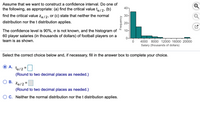 ### Constructing a Confidence Interval

Assume that we want to construct a confidence interval. Do one of the following, as appropriate:
1. Find the critical value \( t_{\alpha / 2} \)
2. Find the critical value \( z_{\alpha / 2} \)
3. State that neither the normal distribution nor the t distribution applies.

### Problem Details:
- The confidence level is 90%
- The standard deviation \( \sigma \) is not known
- We have a histogram of 60 player salaries (in thousands of dollars) of football players on a team as shown below:

#### Histogram Description:
- The x-axis represents the salary in thousands of dollars, ranging from 0 to 20,000.
- The y-axis represents the frequency of players with those salaries.
- The histogram is skewed to the right, with most of the players having salaries between 0 to 4000 thousand dollars.
  - The frequency of players with salaries in the 0-4000 range is the highest, exceeding 30 players.
  - Some players have salaries between 4000-8000, with the frequency decreasing significantly.
  - A few outliers have salaries between 8000-20000.

### Instructions:
Select the correct choice below and, if necessary, fill in the answer box to complete your choice.

**Options:**
- **A.** \( t_{\alpha / 2} = \_\_\_\_\_\_\_ \)
  - (Round to two decimal places as needed.)
- **B.** \( z_{\alpha / 2} = \_\_\_\_\_\_\_ \)
  - (Round to two decimal places as needed.)
- **C.** Neither the normal distribution nor the t distribution applies.

Use the dropdown options provided to make your selection and input your answers where required.