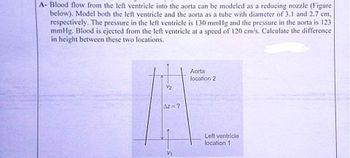 A- Blood flow from the left ventricle into the aorta can be modeled as a reducing nozzle (Figure
below). Model both the left ventricle and the aorta as a tube with diameter of 3.1 and 2.7 cm,
respectively. The pressure in the left ventricle is 130 mmHg and the pressure in the aorta is 123
mmHg. Blood is ejected from the left ventricle at a speed of 120 cm/s. Calculate the difference
in height between these two locations.
V₂
Az = ?
Aorta
location 2
Left ventricle
location 1