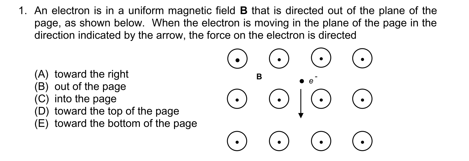 1. An electron is in a uniform magnetic field B that is directed out of the plane of the
page, as shown below. When the electron is moving in the plane of the page in the
direction indicated by the arrow, the force on the electron is directed
(A) toward the right
(B) out of the page
(C) into the page
(D) toward the top of the page
(E) toward the bottom of the page
