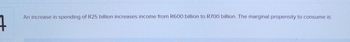 4
An increase in spending of R25 billion increases income from R600 billion to R700 billion. The marginal propensity to consume is: