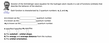 Erwin
Schrödinger
Solution of the Schrödinger wave equation for the hydrogen atom results in a set of functions (orbitals) that
describe the behavior of the electron.
Each function is characterized by 3 quantum numbers: n, I, and m,
n is known as the
I is known as the
m, is known as the
n specifies / specifies my specifies
0
quantum number.
quantum number.
quantum number.
A.The subshell-orbital shape.
B.The energy and average distance from the nucleus.
C.The orbital orientation.