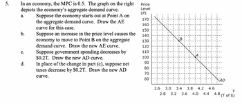 5.
In an economy, the MPC is 0.5. The graph on the right
depicts the economy's aggregate demand curve.
Suppose the economy starts out at Point A on
the aggregate demand curve. Draw the AE
curve for this case.
a.
b.
C.
d.
Suppose an increase in the price level causes the
economy to move to Point B on the aggregate
demand curve. Draw the new AE curve.
Suppose government spending decreases by
$0.2T. Draw the new AD curve.
In place of the change in part (c), suppose net
taxes decrease by $0.2T. Draw the new AD
curve.
Price
Level
(P)
170
160
150
140
130
120
110
100
90
80
70
60
AD
2.6
3.0 3.4 3.8 4.2 4.6
2.8 3.2 3.6 4.0 4.4 4.8
Y
(T of $)