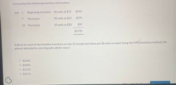 Concord has the following inventory information.
July 1 Beginning Inventory 30 units at $15
90 units at $23
7 Purchases
22 Purchases
10 units at $20
O $2060.
O $2090.
O $2270.
O $2173.
$450
2070
200
$2720
A physical count of merchandise inventory on July 31 reveals that there are 30 units on hand. Using the FIFO inventory method, the
amount allocated to cost of goods sold for July is