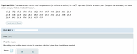 Top-Paid CEOs The data shown are the total compensation (in millions of dollars) for the 31 top-paid CEOs for a recent year. Compare the averages, and state
which one you think is the best measure.
17.2 17.2 17.3 17.4
21.4 21.6 22.9 23.2
25.9 29.1 36.8 37.6
17.5 18.2 19.3 19.7 19.8 20.0 20.1 20.4
24.1 24.3 25.0 25.1 25.2 25.2 25.4 25.5
38.5 41.7 47.7
Send data to Excel
Part: 0 / 5
Part 1 of 5
Find the mean.
Rounding rule for the mean: round to one more decimal place than the data as needed.
Mean:
×
Ś