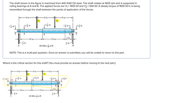 The shaft shown in the figure is machined from AISI 1040 CD steel. The shaft rotates at 1600 rpm and is supported in
rolling bearings at A and B. The applied forces are F₁ = 1600 lbf and F2 = 640 lbf. A steady torque of 1600 lbf-in is being
transmitted through the shaft between the points of application of the forces.
T
+
A
A
1/m] to [¹
1²
-8 in-
-8 in
-10 in
-10 in
F₁
F₁
-8 in-
-8 in-
All fillets in R.
NOTE: This is a multi-part question. Once an answer is submitted, you will be unable to return to this part.
Where is the critical section for this shaft? (You must provide an answer before moving to the next part.)
All fillets in R.
-10 in-
F₁
-10 in-
F₂
-8 in-
3 in
in
-8 in-
1/in]
B
3 in
-in-
-
B