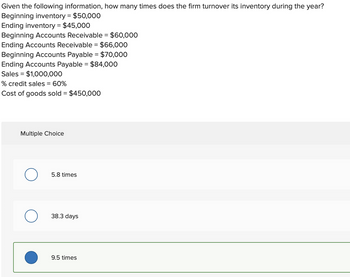 Given the following information, how many times does the firm turnover its inventory during the year?
Beginning inventory = $50,000
Ending inventory = $45,000
Beginning Accounts Receivable = $60,000
Ending Accounts Receivable = $66,000
Beginning Accounts Payable = $70,000
Ending Accounts Payable = $84,000
Sales = $1,000,000
% credit sales = 60%
Cost of goods sold = $450,000
Multiple Choice
5.8 times
38.3 days
9.5 times