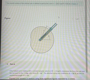 The smooth surface of the vertical cam is defined in part by the curve r = (0.2 cos 0+0.3) m. (Figure 1)
Figure
Part A
1 of 1 >
If the forked rod is rotating with a constant angular velocity of 0 = 4 rad/s, determine the force the cam and
the rod exert on the 1.9-kg roller when 0 = 30°. The attached spring has a stiffnesss k = 30 N/m and an
unstretched length of 0.1 m.
Express your answers in newtons using three significant figures separated by a comma.