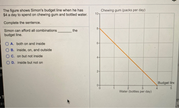 P
The figure shows Simon's budget line when he has
$4 a day to spend on chewing gum and bottled water.
Complete the sentence.
Simon can afford all combinations
budget line.
ST
OA. both on and inside
89
B. inside, on, and outside
OC. on but not inside
OD. inside but not on
the
10
8-
Chewing gum (packs per day)
3
Water (bottles per day)
}
Budget line