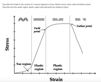 Describe this Graph in the context of a muscle, ligament or bone. Define stress, strain, yield and failure points.
Describe how the elastic region, plastic region and yield point are related to injury.
Failure point
Yield
point
Тоe region
Elastic
Plastic
region
region
Strain
Stress
