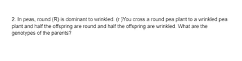2. In peas, round (R) is dominant to wrinkled. (r)You cross a round pea plant to a wrinkled pea
plant and half the offspring are round and half the offspring are wrinkled. What are the
genotypes of the parents?