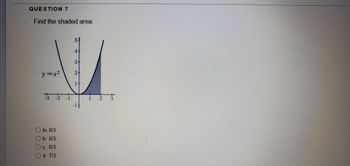 QUESTION 7
Find the shaded area:
y=x²
52
Ⓒto. 8/3
b. 5/3
c. 6/3
d. 7/3
-14