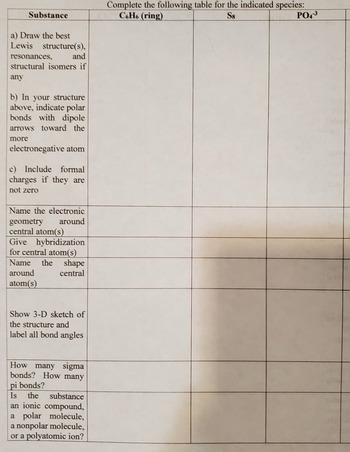 Substance
a) Draw the best
Lewis structure(s),
resonances,
and
structural isomers if
any
b) In your structure
above, indicate polar
bonds with dipole
arrows toward the
more
electronegative atom
c) Include formal
charges if they are
not zero
Name the electronic
around
geometry
central atom(s)
Give hybridization
for central atom(s)
Name the shape
around
central
atom(s)
Show 3-D sketch of
the structure and
label all bond angles
How many sigma
bonds? How many
pi bonds?
Is the substance
an ionic compound,
a polar molecule,
a nonpolar molecule,
or a polyatomic ion?
Complete the following table for the indicated species:
C6H6 (ring)
S8
PO43