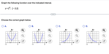 Graph the following function over the indicated interval.
y=2*; [-2,2]
Choose the correct graph below.
A.
B.
5-
3
X
5-
y
3
X
O C.
-3
Ау
5-
5-
X