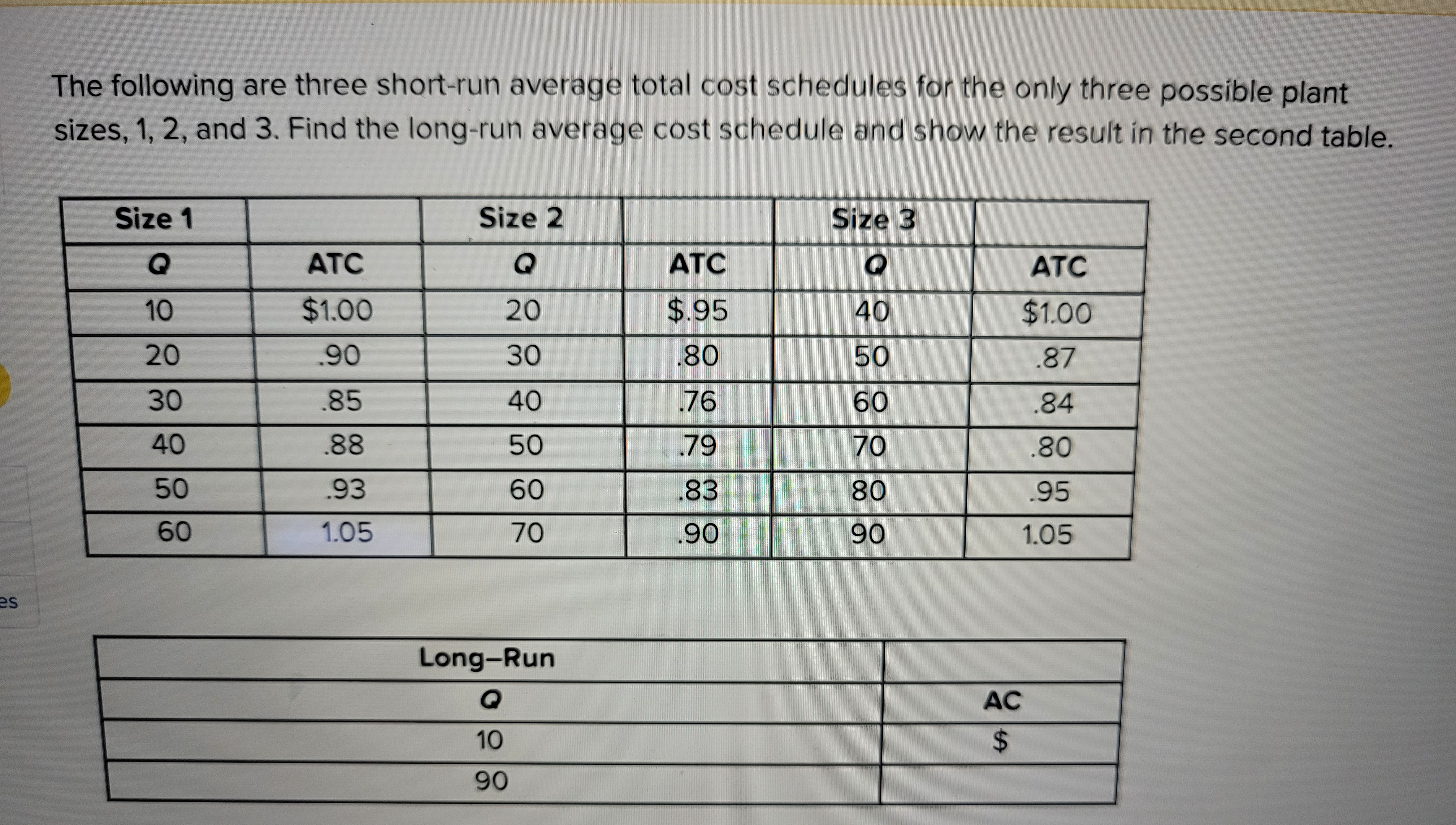 es
The following are three short-run average total cost schedules for the only three possible plant
sizes, 1, 2, and 3. Find the long-run average cost schedule and show the result in the second table.
Size 1
Q
10
20
30
40
50
60
ATC
$1.00
90
.85
.88
.93
1.05
Size 2
Q
20
30
40
50
60
70
Long-Run
Q
10
90
ATC
$.95
.80
.76
.79
.83
.90
Size 3
Q
40
50
60
70
80
90
AC
$
ATC
$1.00
.87
.84
.80
.95
1.05